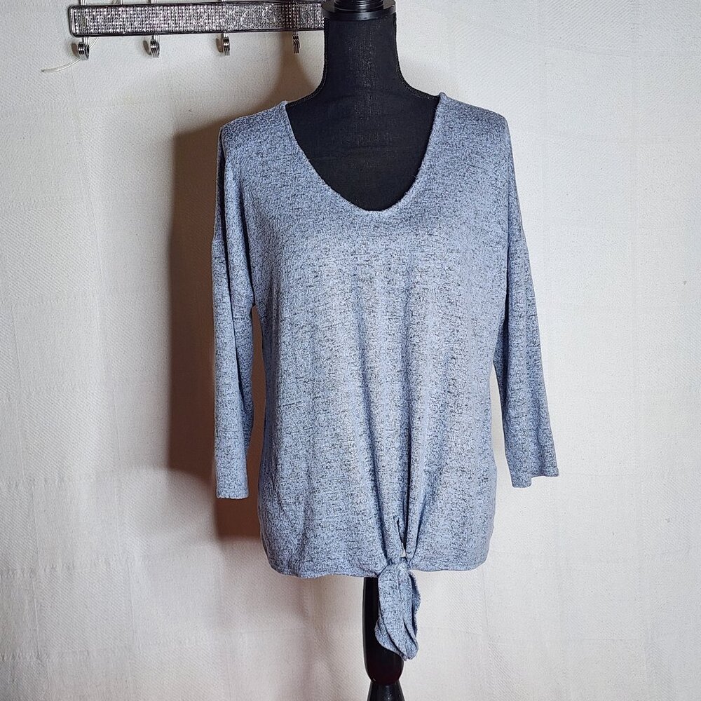 Green Envelope LA Blue Steel Black Heather Scoop 3/4 Sleeve Tie Front Sweater L